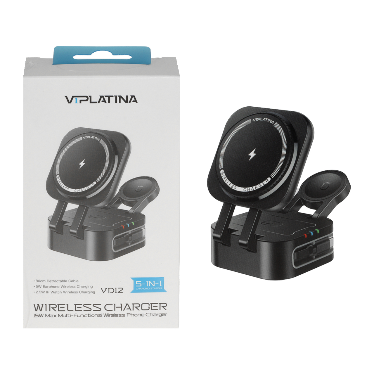شارژر وایرلس سه کاره VIPLATINA مدل VD12 - مشکی (گارانتی 18 ماه تعویض نیکان همراه)